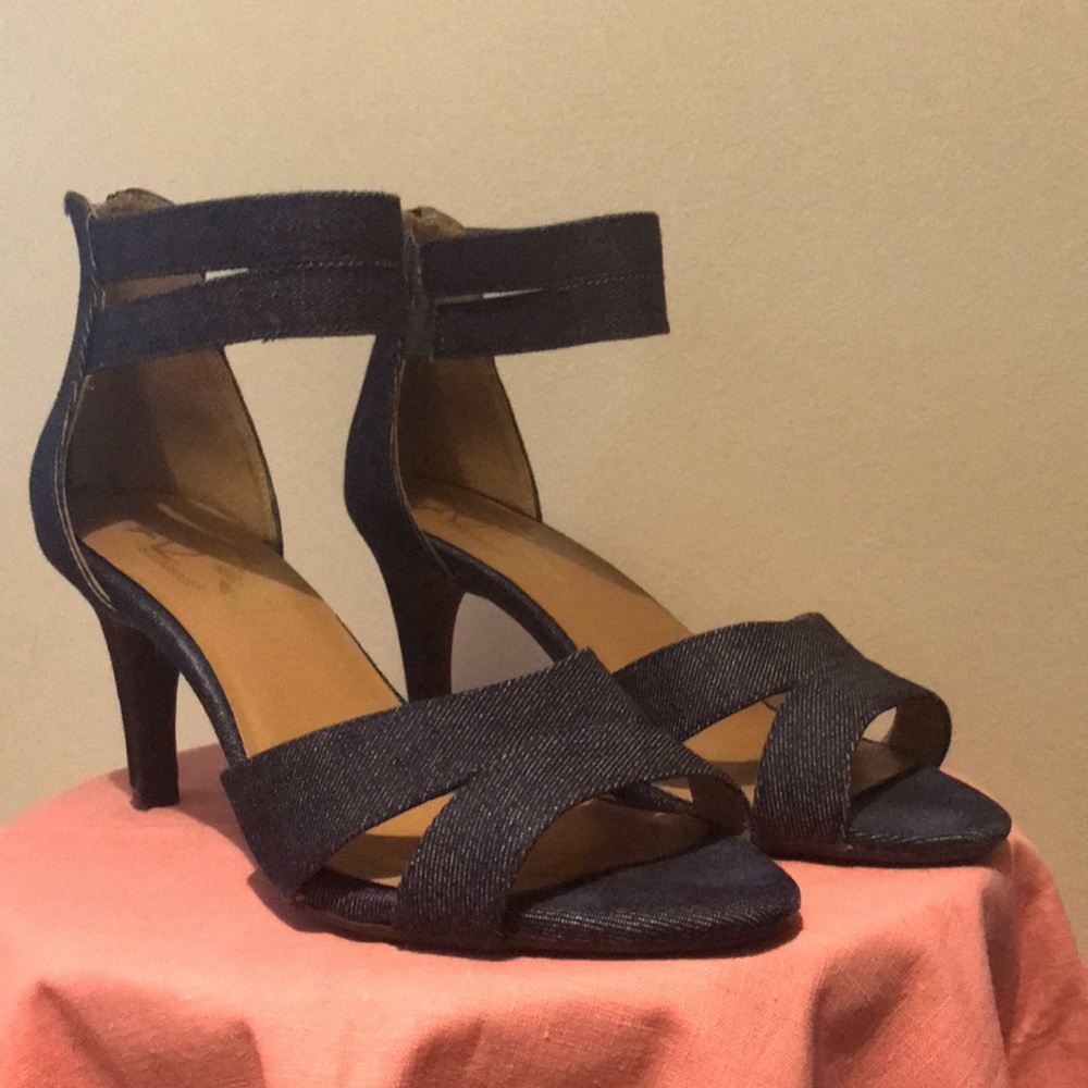 A2 by Aerosoles. Blue denim heel sandals.